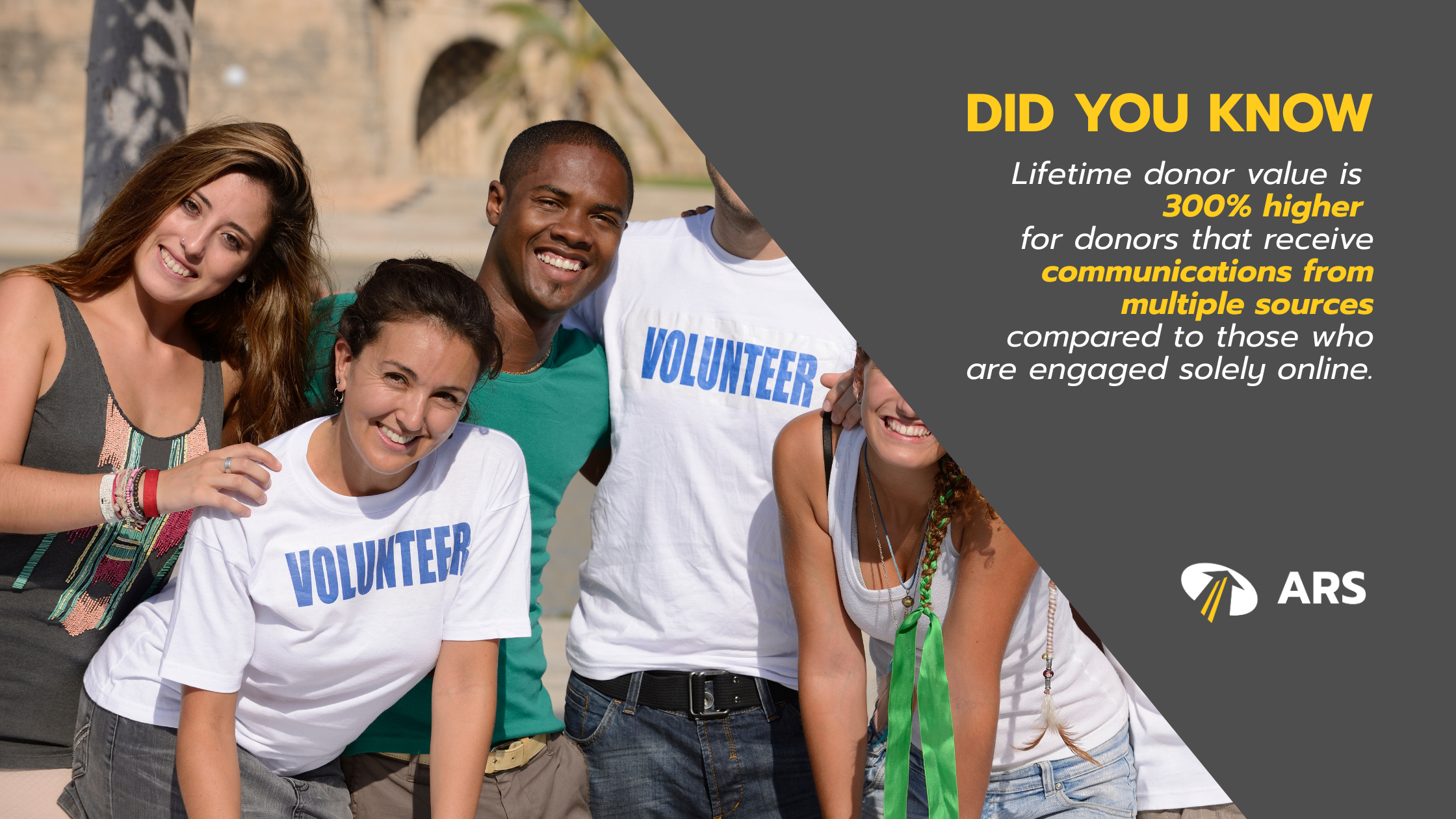 Picture of a group of volunteers with a Did You Know call out: "Lifetime donor value is 300% higher for donors that receive communications from multiple sources compared to those who are engaged solely online." with the ARS logo in the bottom right corner.