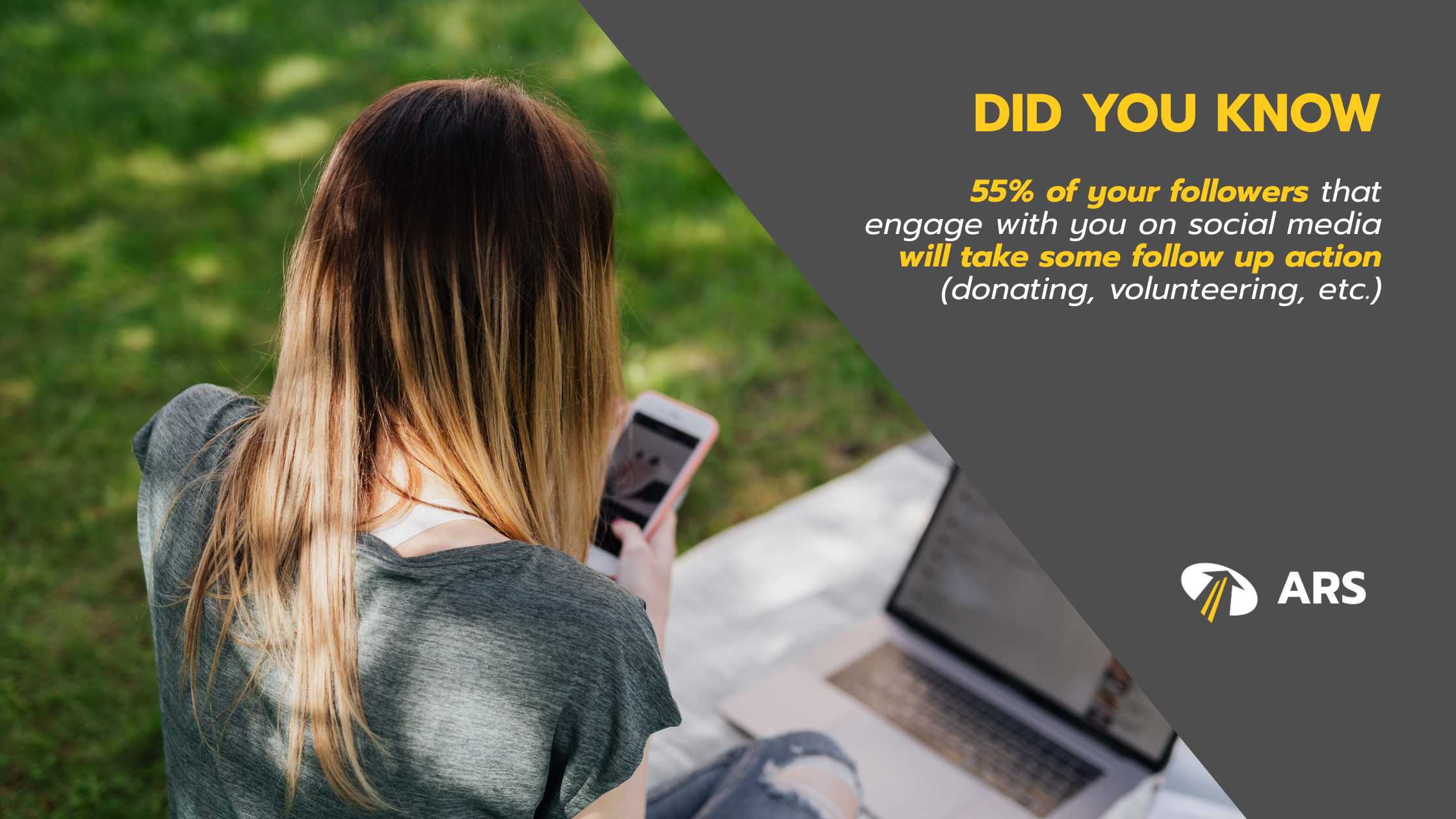 Image of a girl on her phone with a text panel on the side saying, "Did you know: 55% of your followers that engage with you on social media will take some follow up action (donating, volunteering, etc.)" and an ARS logo in the bottom right corner.